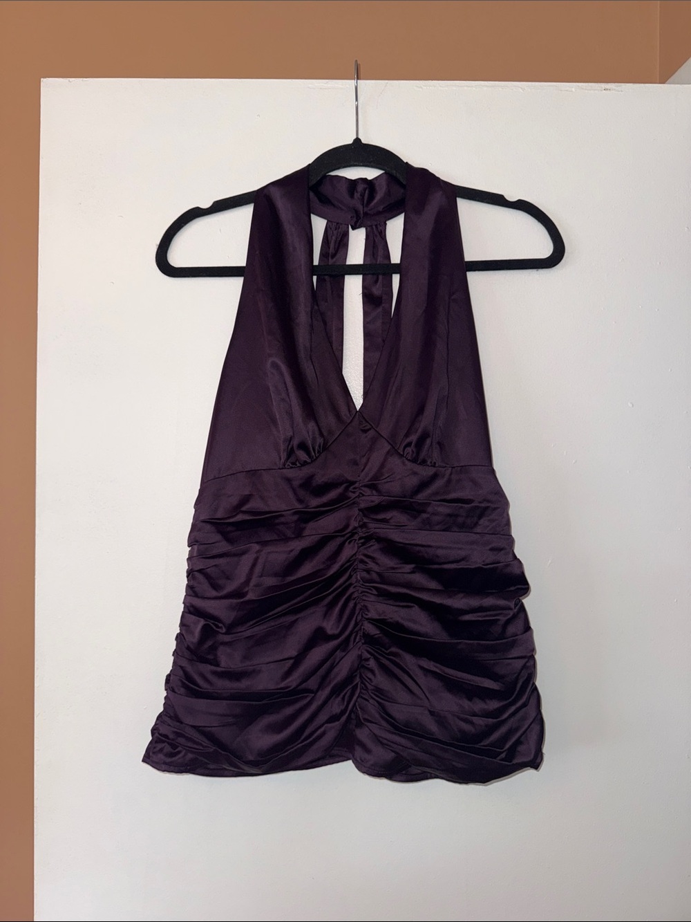 Express Plum Satin Halter Ruched Top